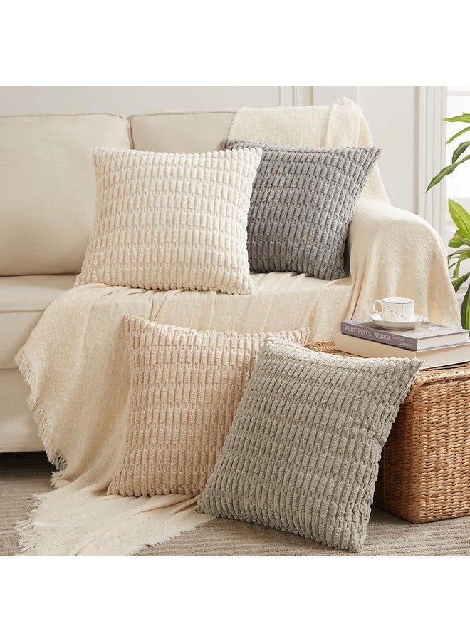 Fancy Homi Fancy Homi 4 Packs Neutral Big Decorative Throw Pillow Covers 24x24 Inch for Living Room Couch Bed Sofa, Rustic Farmhouse Boho Home Decor, Soft Plush Striped Corduroy Square Cushion Case 60x60 cm  - Image 1