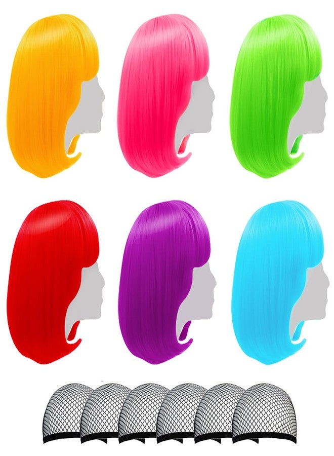 LIULIUBTY Colored Wigs 6 Pack, Short Bob Hair Neon Colorful Party Wigs for Women Girls Cosplay Costume Party Holiday Bachelorette Night Club (Orange,Red,Blue,Purple,Green,Hot Pink) - Image 1