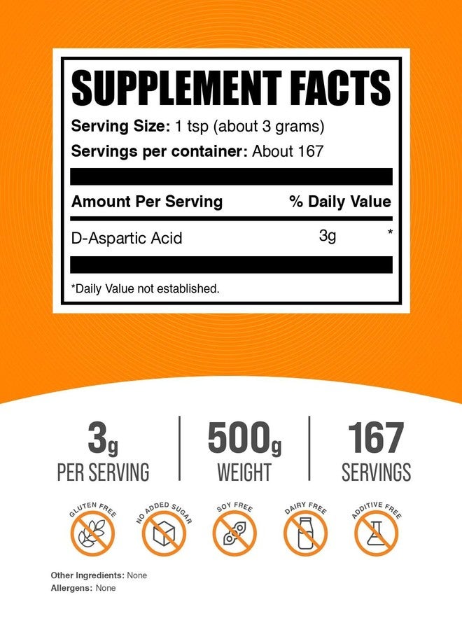 BulkSupplements.com D-Aspartic Acid Powder - D-Aspartic Acid Supplement for Men, Unflavored Amino Acid - Pure & Gluten Free, 3g per Serving, 500g (1.1 lbs) (Pack of 1) - Image 2