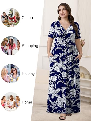 PEVRL Plus Size Maxi Dresses for Women Summer Casual Short Sleeve Long Dress with Pockets Blue Background Coconut Flower 3X - Image 4