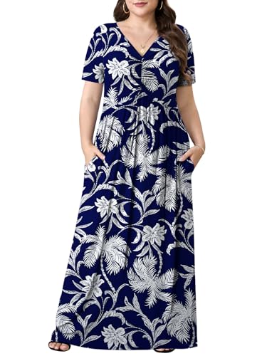 PEVRL Plus Size Maxi Dresses for Women Summer Casual Short Sleeve Long Dress with Pockets Blue Background Coconut Flower 3X - Image 1