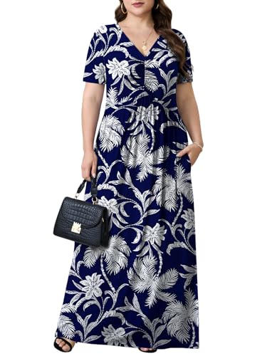PEVRL Plus Size Maxi Dresses for Women Summer Casual Short Sleeve Long Dress with Pockets Blue Background Coconut Flower 3X - Image 2
