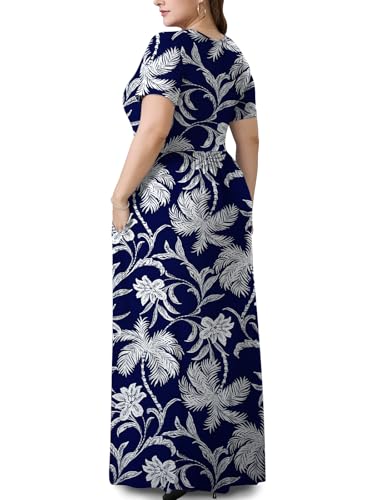 PEVRL Plus Size Maxi Dresses for Women Summer Casual Short Sleeve Long Dress with Pockets Blue Background Coconut Flower 3X - Image 3