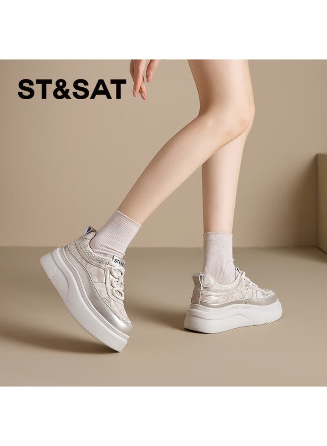 St&Sat Saay Comfortable Fashion Thick-soled Fleece-lined White Sneakers For Women With Rhinestones Lightweight Versatile Casual Yellow Fleece-lined Size 34 - Image 3