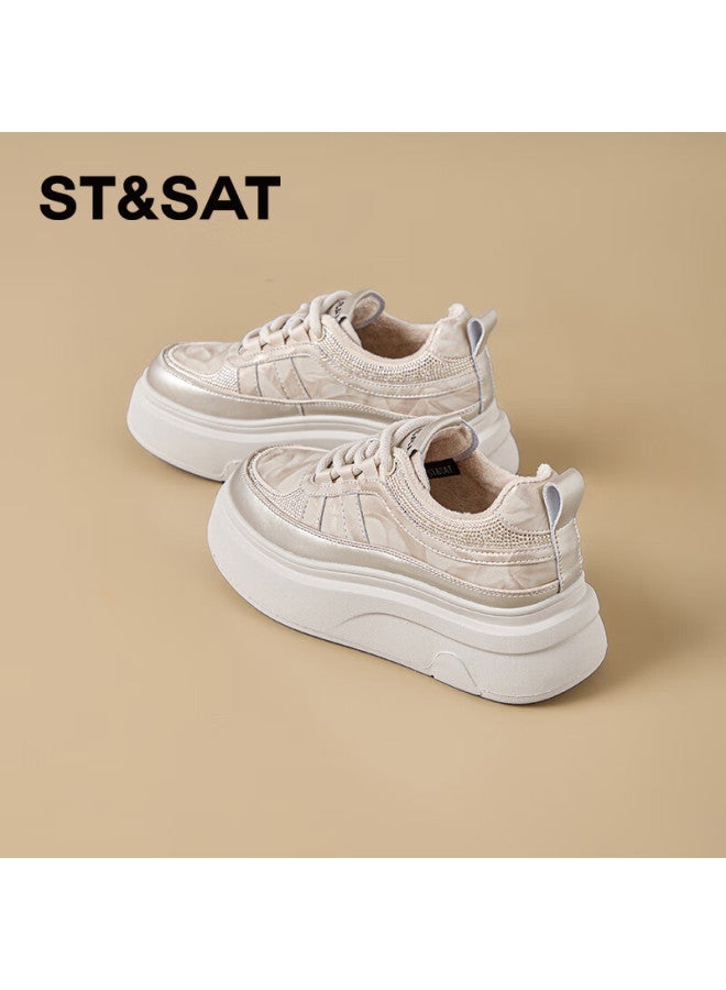 St&Sat Saay Comfortable Fashion Thick-soled Fleece-lined White Sneakers For Women With Rhinestones Lightweight Versatile Casual Yellow Fleece-lined Size 34 - Image 5