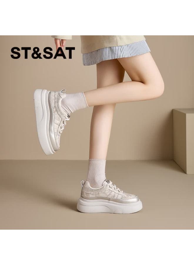 St&Sat Saay Comfortable Fashion Thick-soled Fleece-lined White Sneakers For Women With Rhinestones Lightweight Versatile Casual Yellow Fleece-lined Size 34 - Image 2