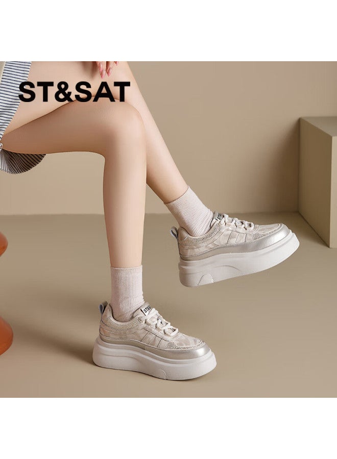 St&Sat Saay Comfortable Fashion Thick-soled Fleece-lined White Sneakers For Women With Rhinestones Lightweight Versatile Casual Yellow Fleece-lined Size 34 - Image 1