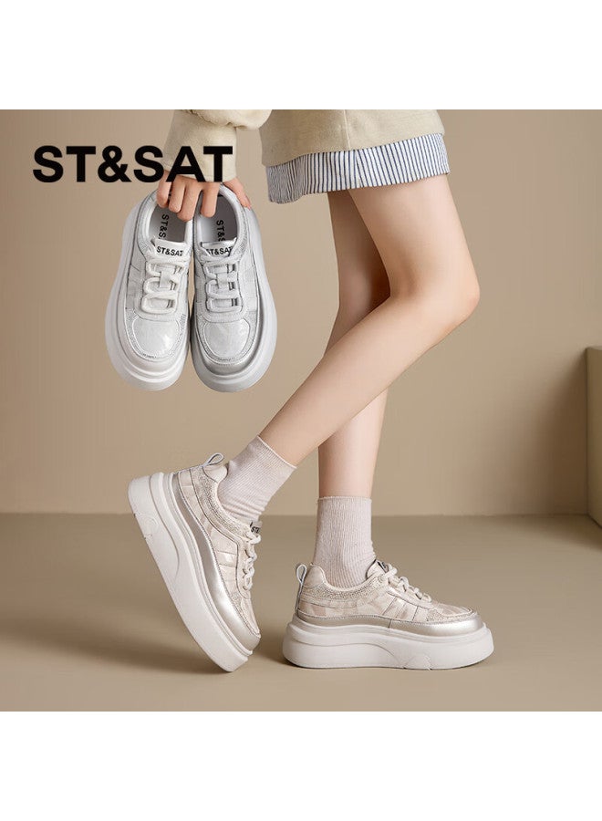 St&Sat Saay Comfortable Fashion Thick-soled Fleece-lined White Sneakers For Women With Rhinestones Lightweight Versatile Casual Yellow Fleece-lined Size 34 - Image 4