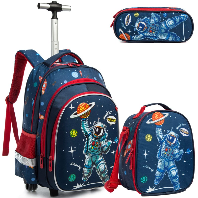 Egchescebo Egchescebo School Bags Kids Rolling Astronaut Backpack for Boys Kids Luggage Kids Suitcase With Wheels Trolley Wheeled Backpacks for Travel Bags 3PCS Cat Backpack With Lunch Box Blue  - Image 1