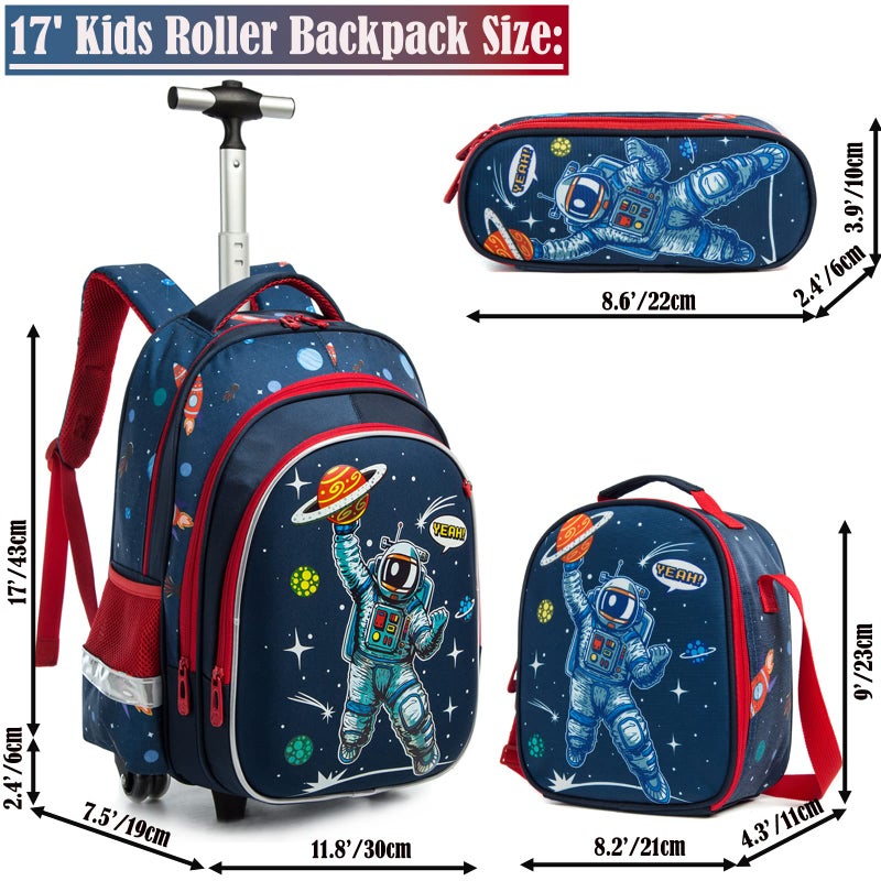 Egchescebo Egchescebo School Bags Kids Rolling Astronaut Backpack for Boys Kids Luggage Kids Suitcase With Wheels Trolley Wheeled Backpacks for Travel Bags 3PCS Cat Backpack With Lunch Box Blue  - Image 2