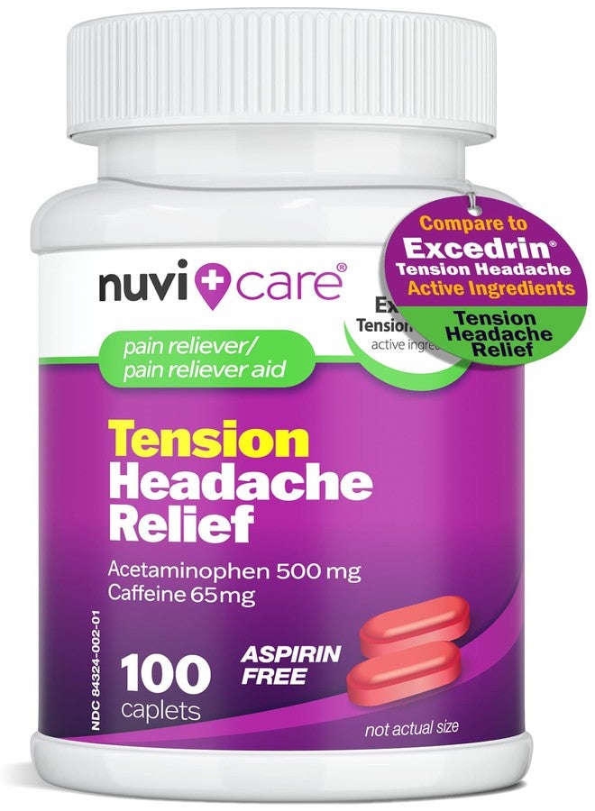 Nuvicare Tension Headache Relief Pills with 500mg Acetaminophen and 65mg Caffeine - Non Aspirin Pain Reliever Aid - Compare to Active Ingredient in Aspirin Free Excedrin Tension Headache (100 Caplets - Image 1