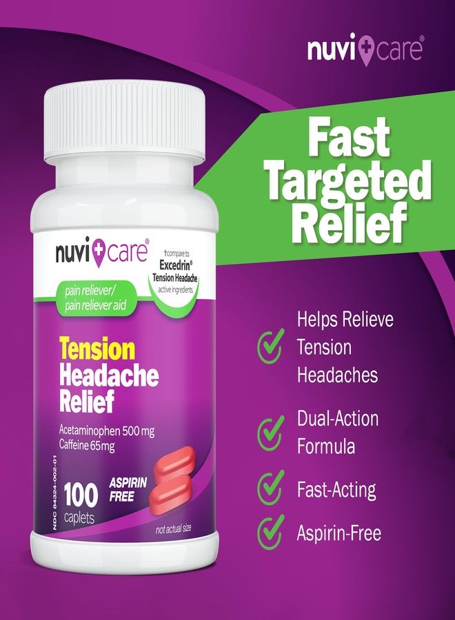 Nuvicare Tension Headache Relief Pills with 500mg Acetaminophen and 65mg Caffeine - Non Aspirin Pain Reliever Aid - Compare to Active Ingredient in Aspirin Free Excedrin Tension Headache (100 Caplets - Image 3