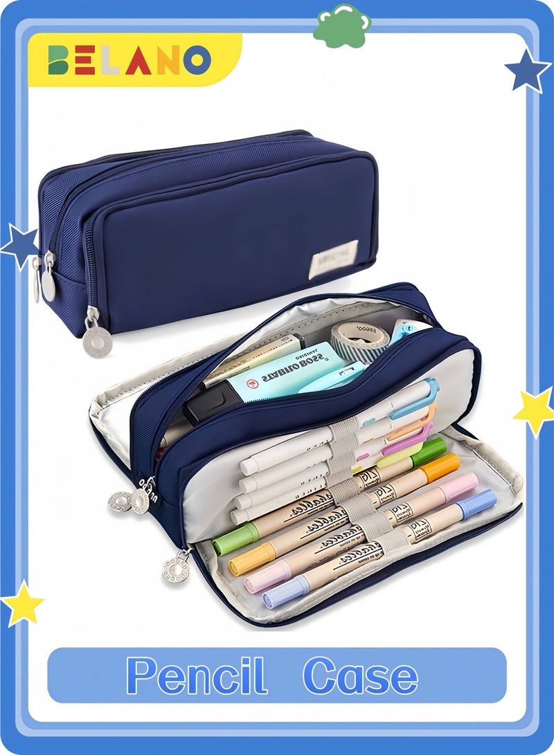 BELANO Pencil Case Large Capacity 3 Compartments, School Stationery Organizer for Teens Girls Boys Women, Oxford Fabric, Navy Blue, 21×5×9 cm - Image 1