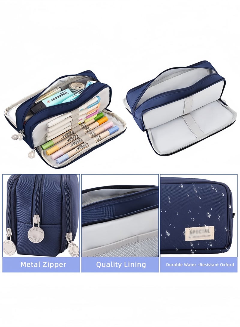 BELANO Pencil Case Large Capacity 3 Compartments, School Stationery Organizer for Teens Girls Boys Women, Oxford Fabric, Navy Blue, 21×5×9 cm - Image 5