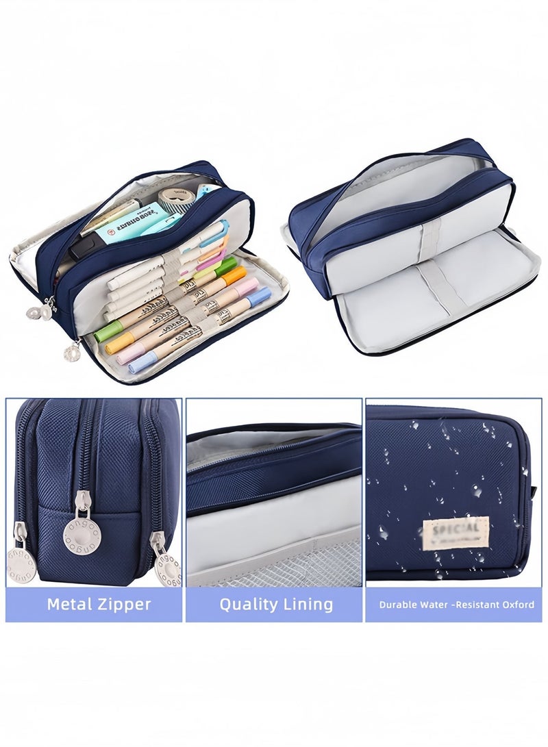 BELANO Pencil Case Large Capacity 3 Compartments, School Stationery Organizer for Teens Girls Boys Women, Oxford Fabric, Navy Blue, 21×5×9 cm - Image 5