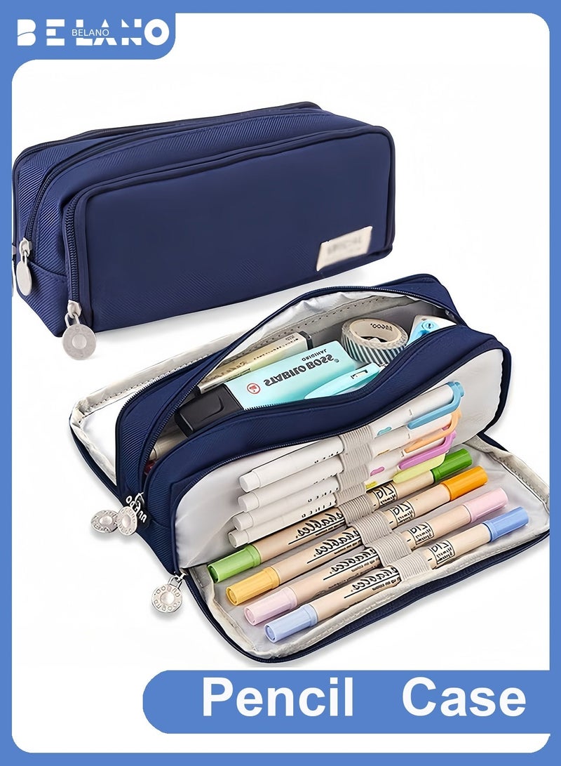 BELANO Pencil Case Large Capacity 3 Compartments, School Stationery Organizer for Teens Girls Boys Women, Oxford Fabric, Navy Blue, 21×5×9 cm - Image 1