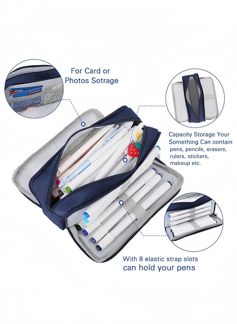 BELANO Pencil Case Large Capacity 3 Compartments, School Stationery Organizer for Teens Girls Boys Women, Oxford Fabric, Navy Blue, 21×5×9 cm - Image 2