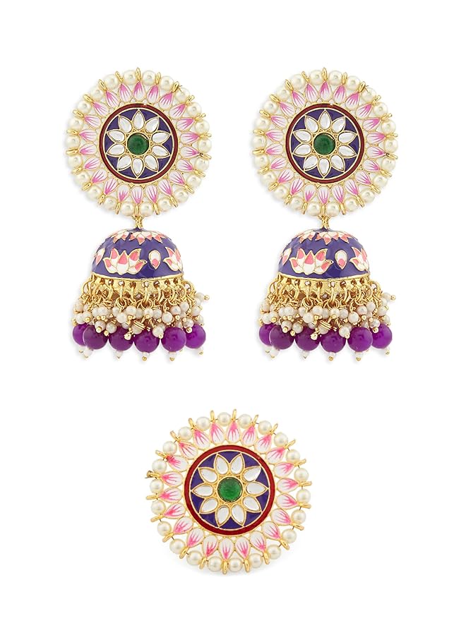 erorex Multicolor Meenakari Lotus Design Jhumki Earring And Ring Set For Women Zpfk13164  - Image 1