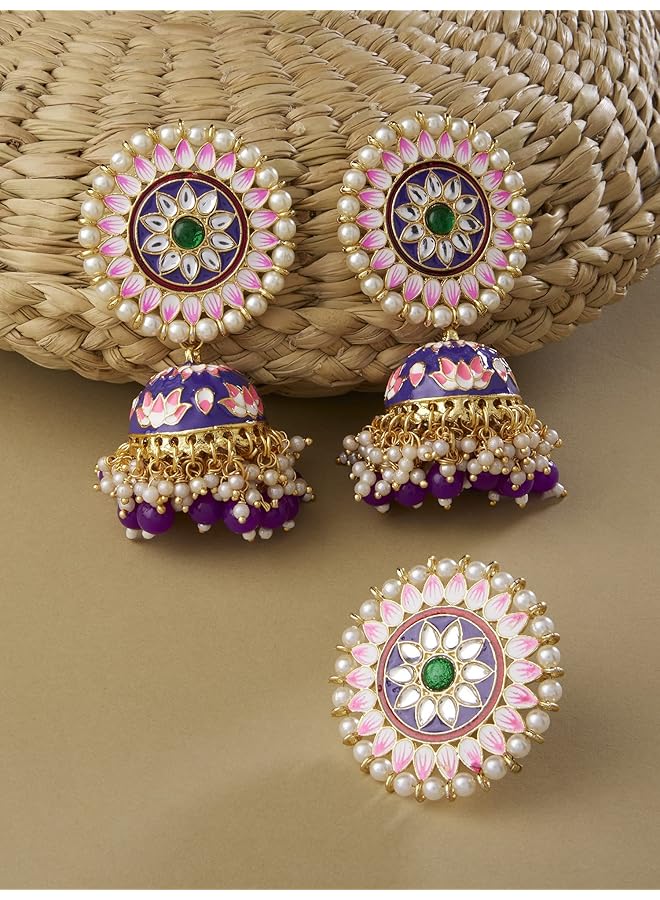 erorex Multicolor Meenakari Lotus Design Jhumki Earring And Ring Set For Women Zpfk13164  - Image 3
