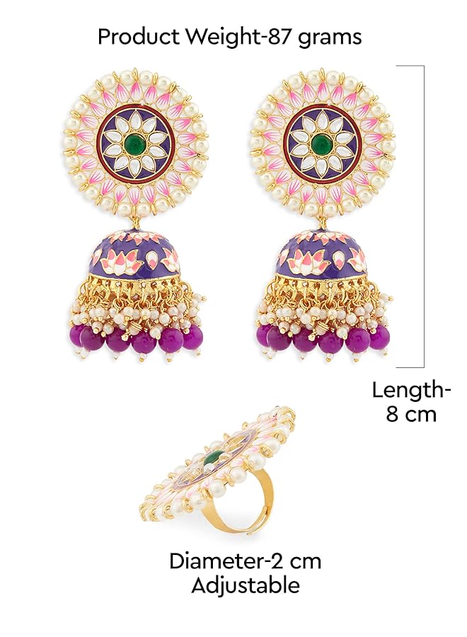 erorex Multicolor Meenakari Lotus Design Jhumki Earring And Ring Set For Women Zpfk13164  - Image 5