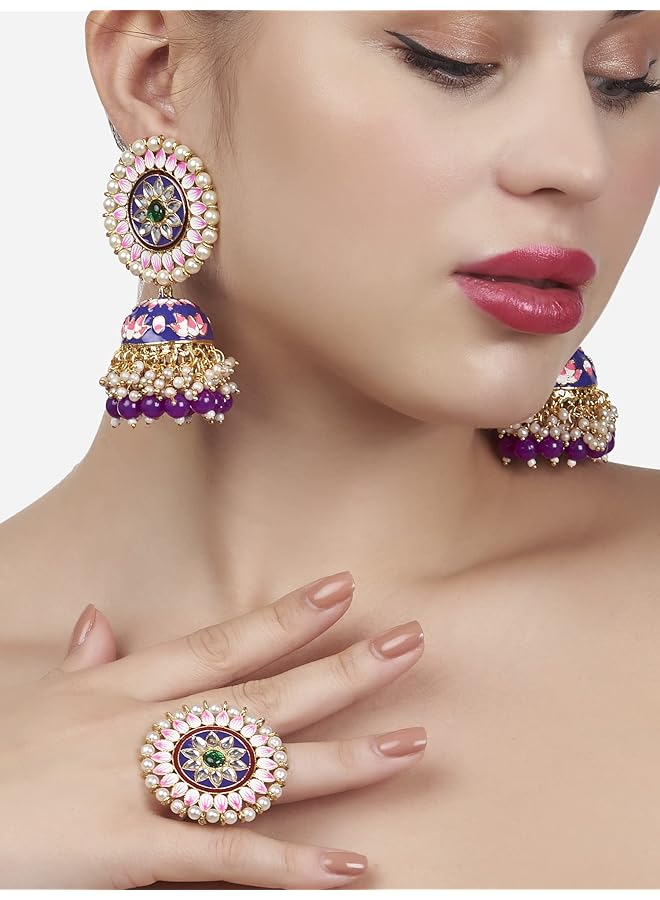 erorex Multicolor Meenakari Lotus Design Jhumki Earring And Ring Set For Women Zpfk13164  - Image 2
