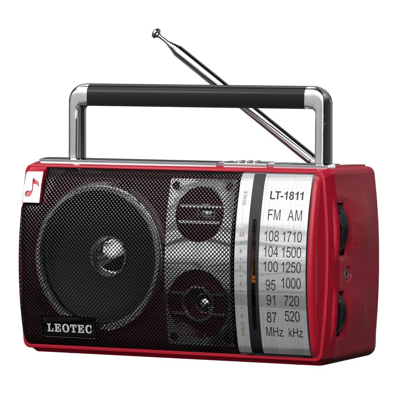 LEOTEC AM FM Radio Portable Bluetooth Radio Plug in Wall or Battery Operated Best Reception with Headphone Jack Handheld Great for Home Outdoor Red
