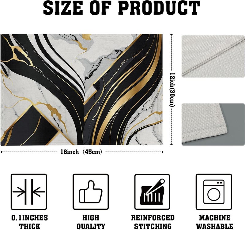 Farg طقم مفارش طاولة باللونين الأسود والأبيض من 4 قطع من حجر الرخام مقاوم للحرارة من قماش الكتان قابل للغسل لمناسبات العطلات وحفلات العشاء لتزيين المطبخ في المنزل 12x18 بوصة - Image 3