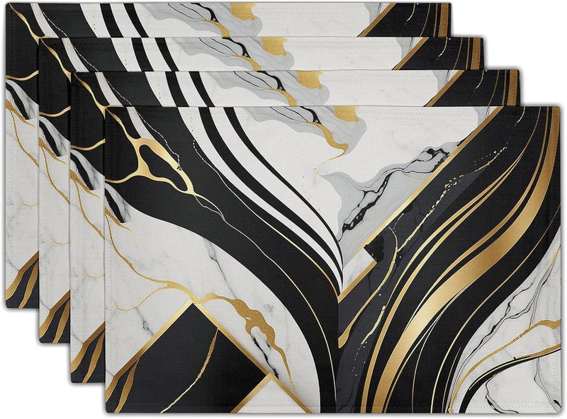 Farg طقم مفارش طاولة باللونين الأسود والأبيض من 4 قطع من حجر الرخام مقاوم للحرارة من قماش الكتان قابل للغسل لمناسبات العطلات وحفلات العشاء لتزيين المطبخ في المنزل 12x18 بوصة - Image 1