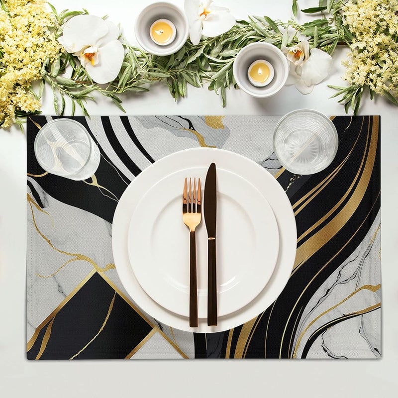 Farg طقم مفارش طاولة باللونين الأسود والأبيض من 4 قطع من حجر الرخام مقاوم للحرارة من قماش الكتان قابل للغسل لمناسبات العطلات وحفلات العشاء لتزيين المطبخ في المنزل 12x18 بوصة - Image 2