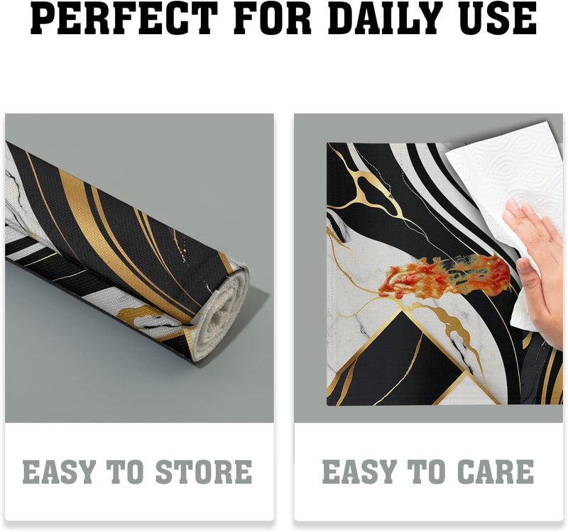 Farg طقم مفارش طاولة باللونين الأسود والأبيض من 4 قطع من حجر الرخام مقاوم للحرارة من قماش الكتان قابل للغسل لمناسبات العطلات وحفلات العشاء لتزيين المطبخ في المنزل 12x18 بوصة - Image 5