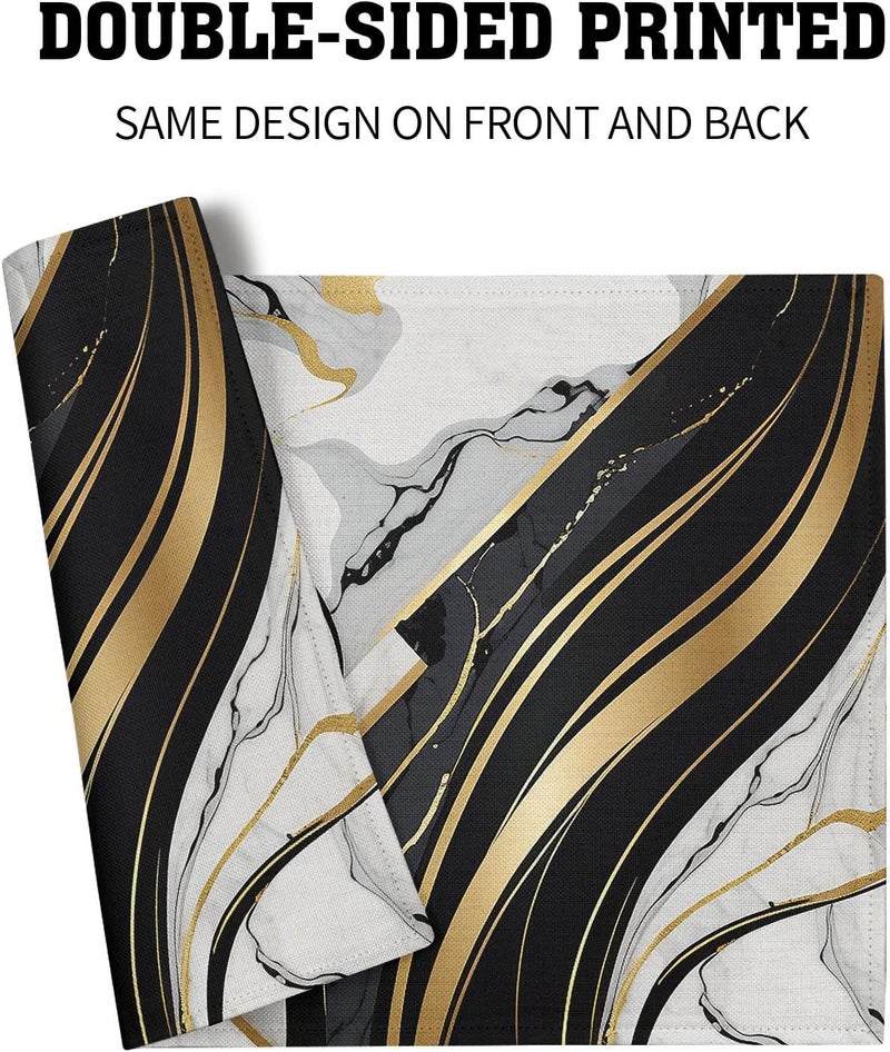 Farg طقم مفارش طاولة باللونين الأسود والأبيض من 4 قطع من حجر الرخام مقاوم للحرارة من قماش الكتان قابل للغسل لمناسبات العطلات وحفلات العشاء لتزيين المطبخ في المنزل 12x18 بوصة - Image 4