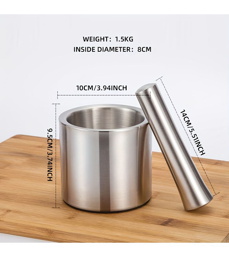 304 Stainless Steel Cylindrical Garlic Press Mortar Pestle Tool Set - Image 3