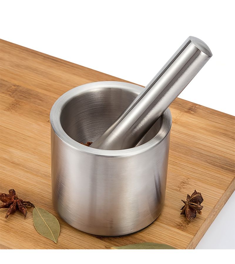 304 Stainless Steel Cylindrical Garlic Press Mortar Pestle Tool Set - Image 2