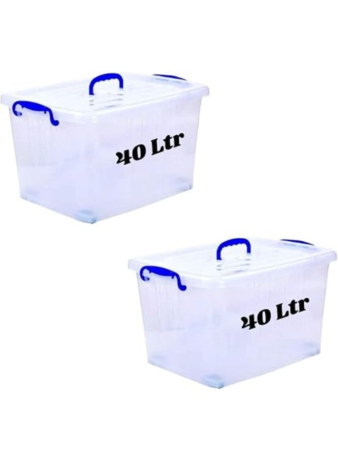 هيواري مجموعة صناديق تخزين بلاستيكية شفافة من قطعتين من HIWARE سعة 40 لترًا مزودة بعجلات وأغطية قابلة للقفل | حاويات تنظيم شفافة للملابس والألعاب والأدوات والفنون والحرف اليدوية | تخزين قابل للتكديس مع عجلات (2 × 40 لترًا). - Image 1