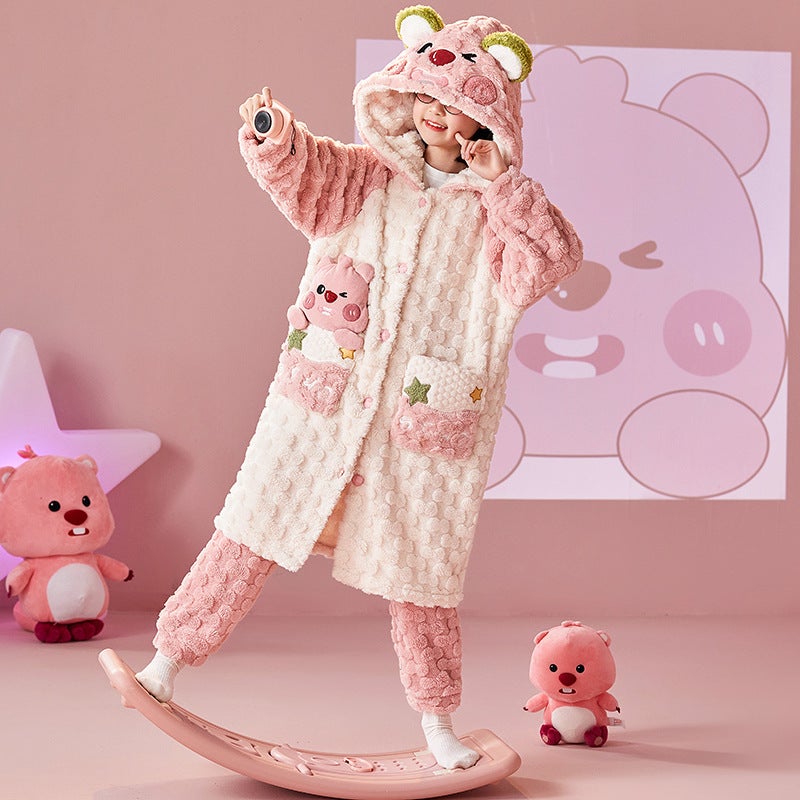 Children'S Pajamas Women'S Flannel Thick Hooded Nightgown Bathrobe Girl'S Parent-Child Coral Fleece Home Clothes - Image 1
