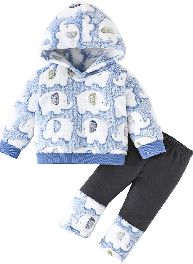Jecson Baby Girl Winter Clothes Fleece Hoodie & Thermal Pants Set Toddler Girl Fall Outfits Cute Prints Infant Clothing, Blue, 12-18 Months - Image 1