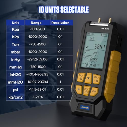AUTOOL Manometer Gas Pressure Tester,Digital Manometer HVAC,10 Units Differential Dual Port Pressure Gauge -100 to 200Kpa,Data Zeroing with Backlight LCD Display - Image 4