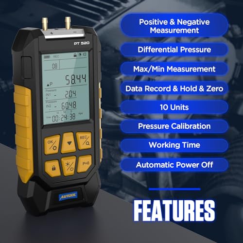 AUTOOL Manometer Gas Pressure Tester,Digital Manometer HVAC,10 Units Differential Dual Port Pressure Gauge -100 to 200Kpa,Data Zeroing with Backlight LCD Display - Image 2