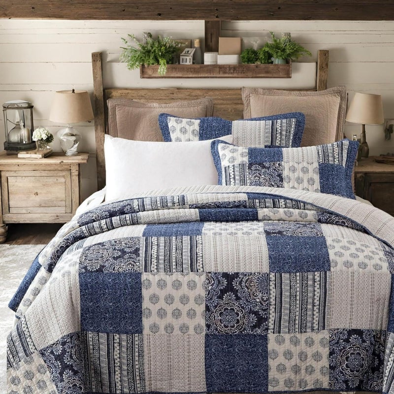 DaDa Bedding DaDa Bedding Denim Blue Elegance Patchwork Floral Bedspread Set  100 Cotton Boho Chic Lightweight Quilted Coverlet  Striped Paisley Medallion Squares Ivory Navy Quilt  Queen  3Pieces 