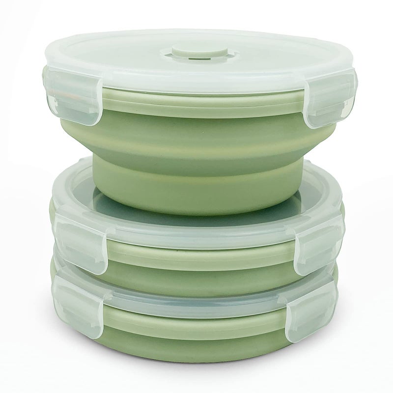Lunbengo 3piece Collapsible Bowl with Lids  Microwave Silicone Meal Prep Lunch Containers  Ideal Food Bowls for Snacks  Fruits  Oatmeal  Camping Travel  Round  Green - Image 1