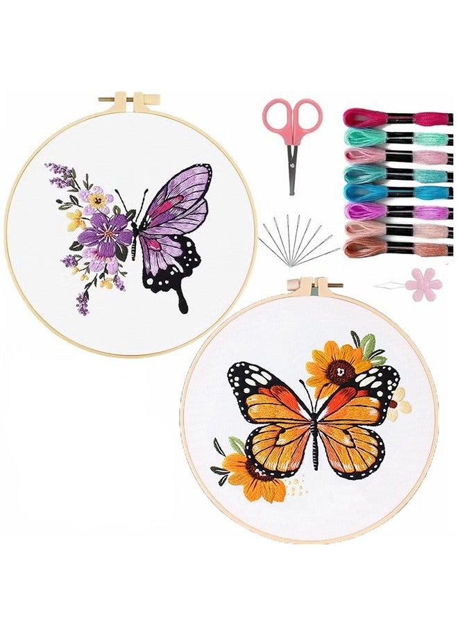 Generic 2 PCS Embroidery Kit for Beginners - Cross Stitch DIY Craft Set, Embroidery Accessories & Hoop Included, Hand Embroidery Kit for Adults Stitching Sewing Kit Gift | Butterfly Patterns  - Image 1