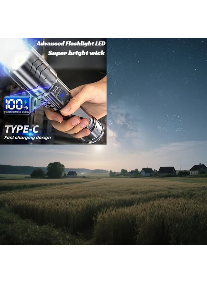 Black LED Flashlight 1000000 Lumens Digital Display 70x Zoom USB C Rechargeable Tactical Light - Image 1
