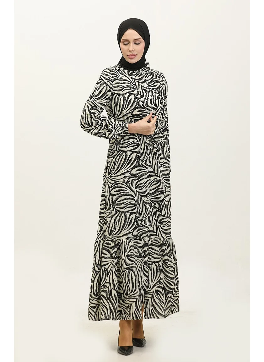 Sefa Merve Rana Palm Pattern Viscose Dress 0342A-02 Black Beige