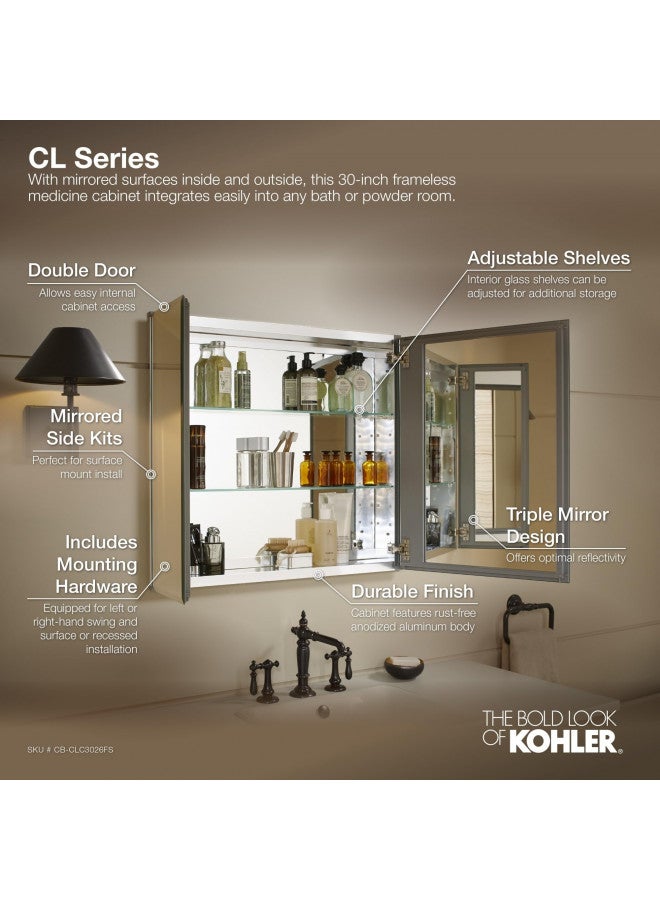 Kohler KOHLER CB-CLC3026FS 30" W x 26" H Two-Door Bathroom Medicine Cabinet with Mirror, Recessed or Surface Mount Bathroom Wall Cabinet, Beveled Edges,Silver  - Image 3