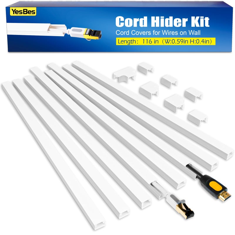 YesBes 116in Cord Hider Kit, Cord Covers for Wires on Wall, Cord Hider for Wall Mount tv, Paintable Cable Raceway, tv Cable Hider Wall kit, Wire Covers for Cords, W0.59in X H0.4in, White - Image 1