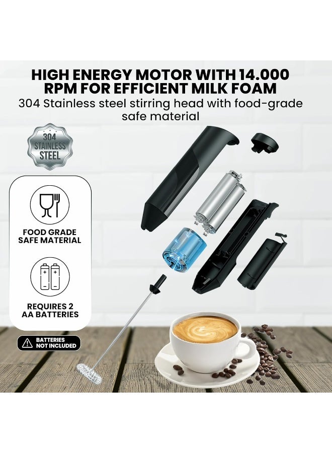 MOMENT خلاط حليب محمول مع حامل، خلاط قهوة قوي يعمل بالبطارية، خلاط مشروبات كهربائي صغير للخلط، القهوة، اللاتيه، الكابتشينو، الماتشا، الشوكولاتة الساخنة (أسود) - Image 2