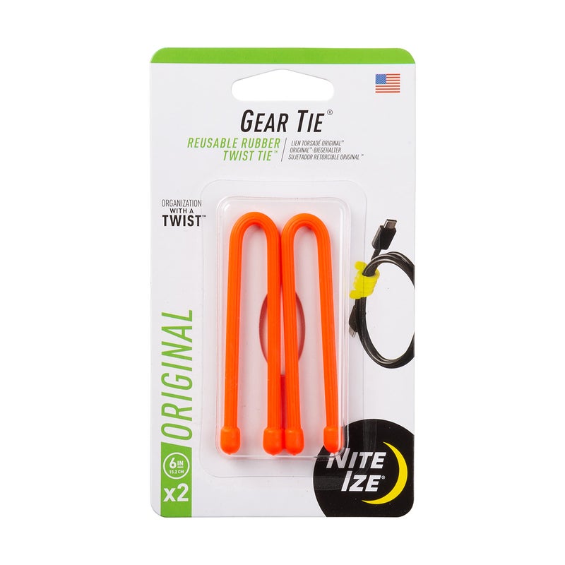Nite Ize Original Gear Tie, Reusable Rubber Twist Tie, 6-Inch, Bright Orange, 2 Pack, Made in the USA - Image 1