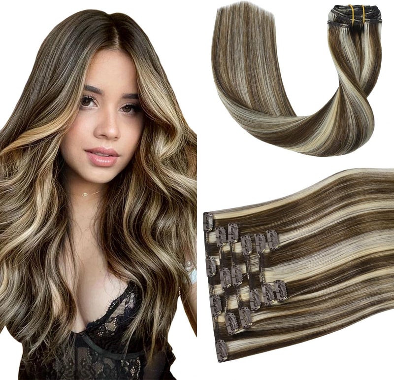 Aison Ombre Balayage Clip in Hair Extensions Real Human Hair 75G Medium Brown to Blonde 100% Remy Human Hair Straight for Women 7pcs 16clips(18 Inch #4P613) - Image 1