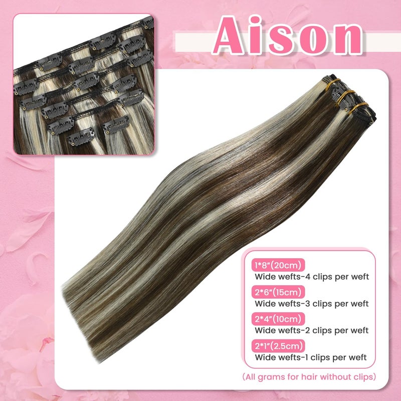 Aison Ombre Balayage Clip in Hair Extensions Real Human Hair 75G Medium Brown to Blonde 100% Remy Human Hair Straight for Women 7pcs 16clips(18 Inch #4P613) - Image 3