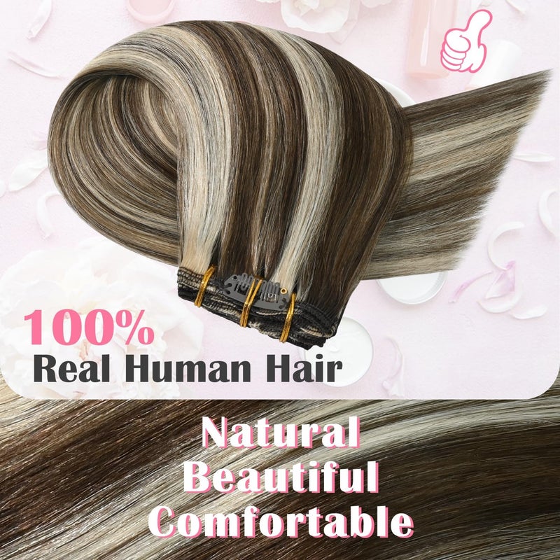 Aison Ombre Balayage Clip in Hair Extensions Real Human Hair 75G Medium Brown to Blonde 100% Remy Human Hair Straight for Women 7pcs 16clips(18 Inch #4P613) - Image 4